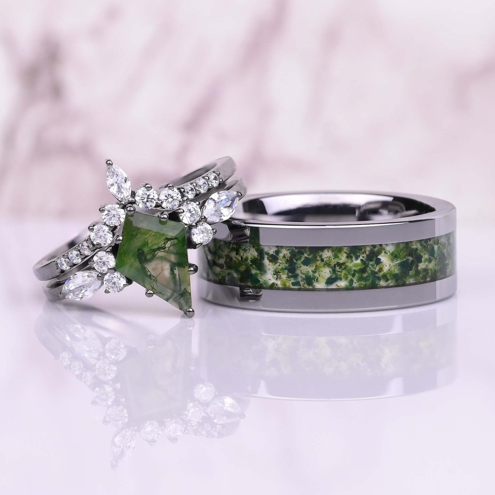Moss Agate - Couple Ring Set - TUNSGTEN / 925 SILVER Rings - Green Moss Agate Inlay - Wedding Bands - Promise Ring