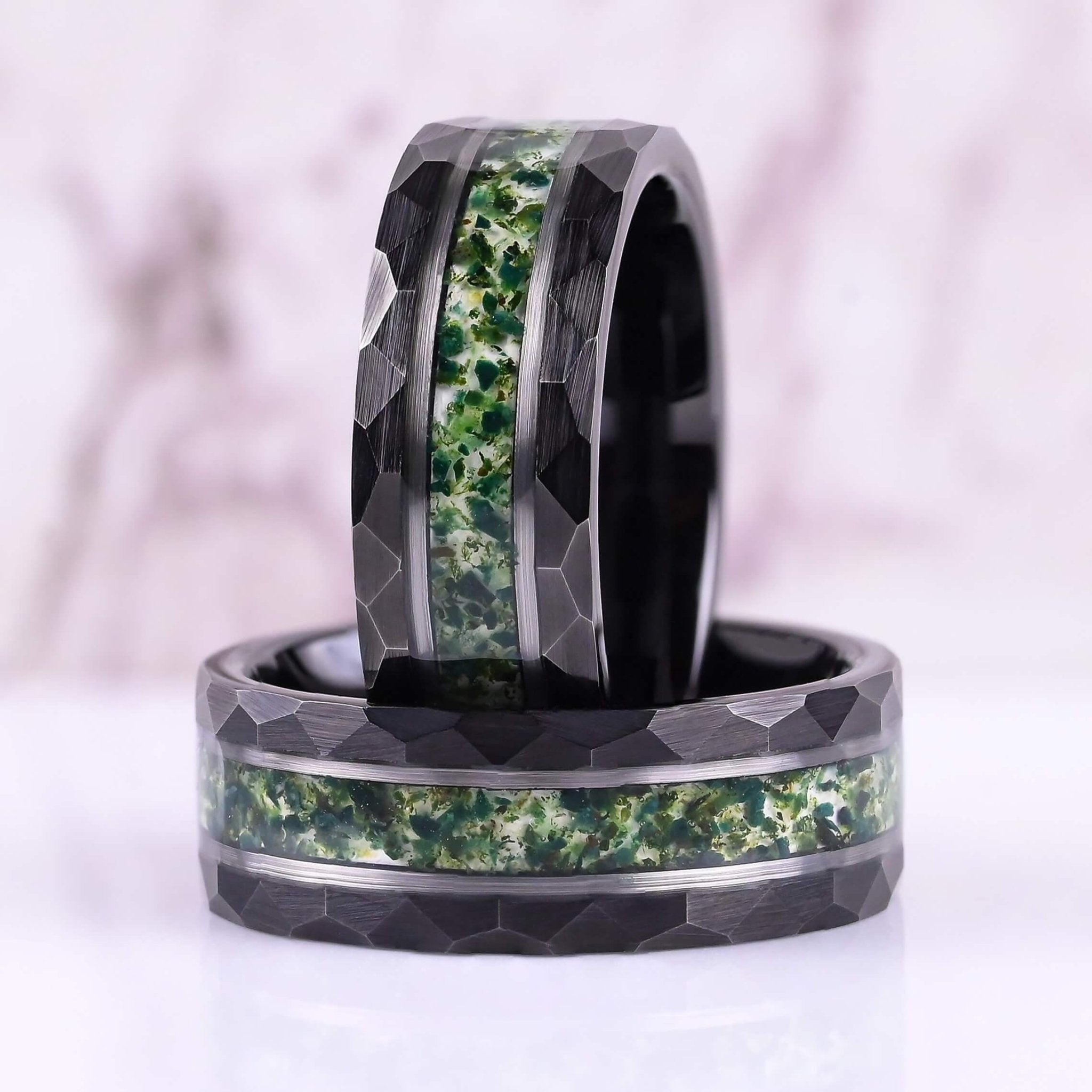 Moss Agate - Couple Ring Set - TUNSGTEN / 925 SILVER Rings - Green Moss Agate Inlay - Wedding Bands - Promise Ring
