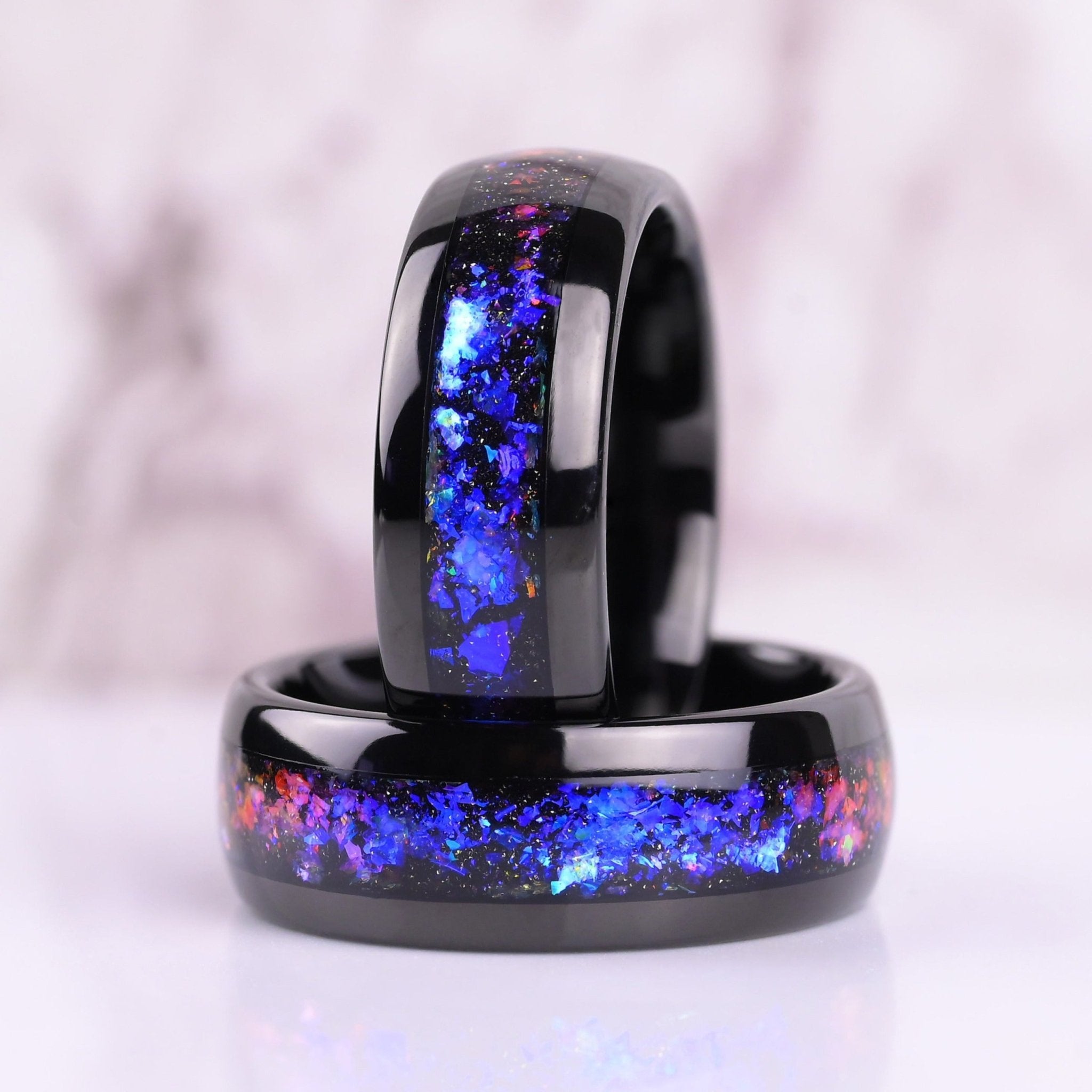 Nebula - Couple Ring Set - TUNSGTEN / 925 SILVER Rings - Nebula Outer Space Inlay - Wedding Bands