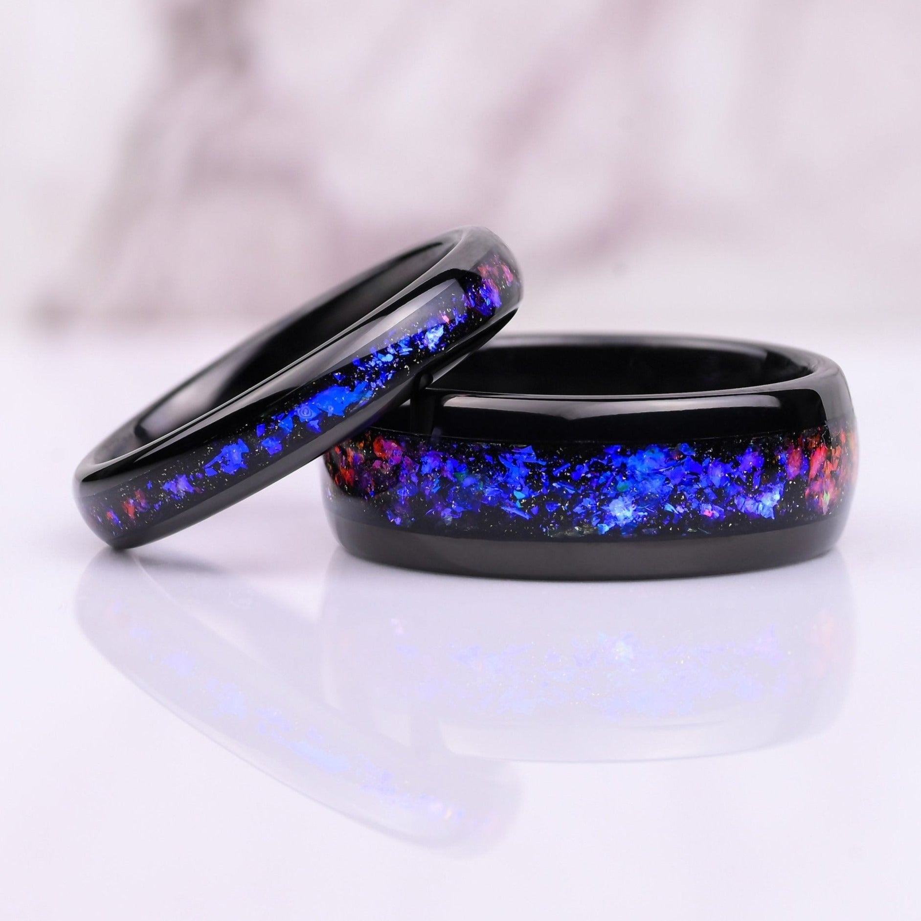Nebula - Couple Ring Set - TUNSGTEN / 925 SILVER Rings - Nebula Outer Space Inlay - Wedding Bands