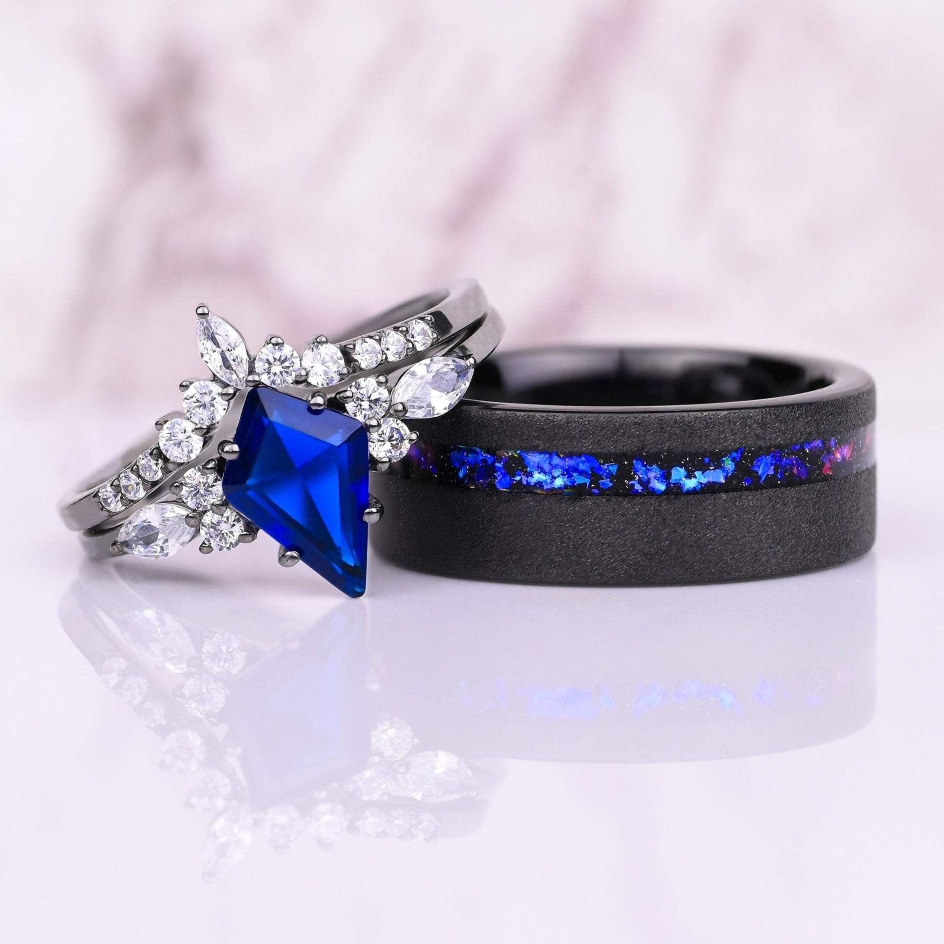 Sandblasted Nebula - Couple Ring Set - TUNSGTEN / 925 SILVER Rings -  Nebula Inlay - Set Wedding Rings