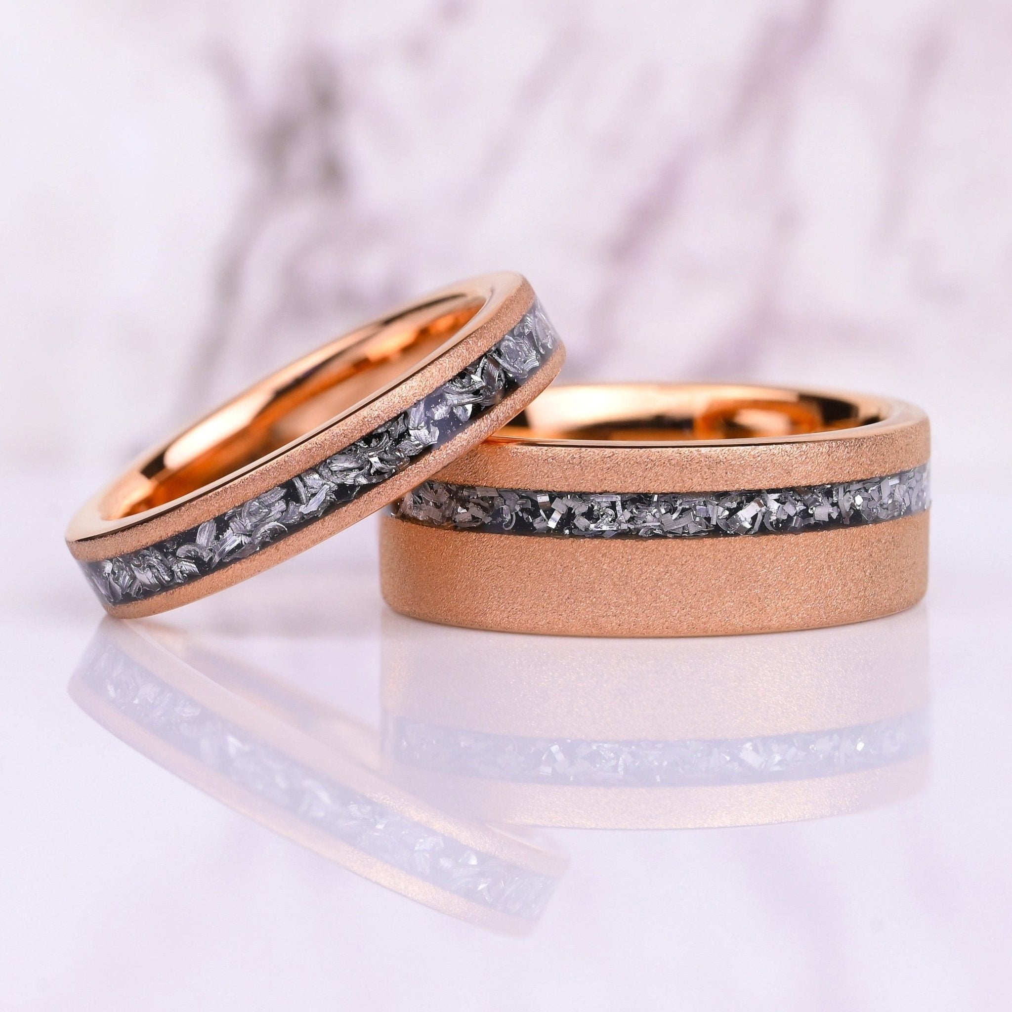 Sandblasted Rose Gold Couple Ring Set - TUNSGTEN / 925 SILVER Rings -  Meteorite Inlay - Wedding Rings
