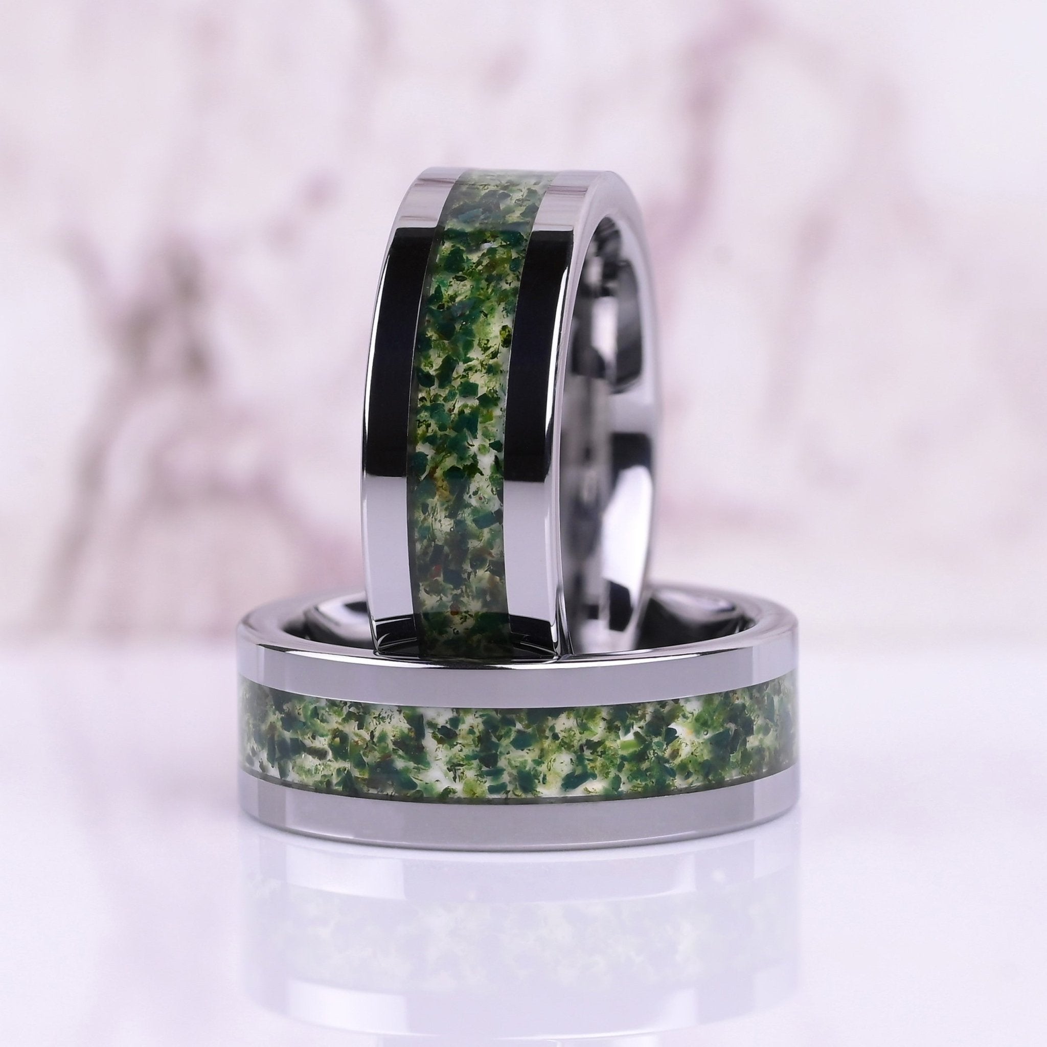 The Agate - Mens Wedding Band - Silver Moss Agate Tungsten Ring - Green Moss Agate Inlay