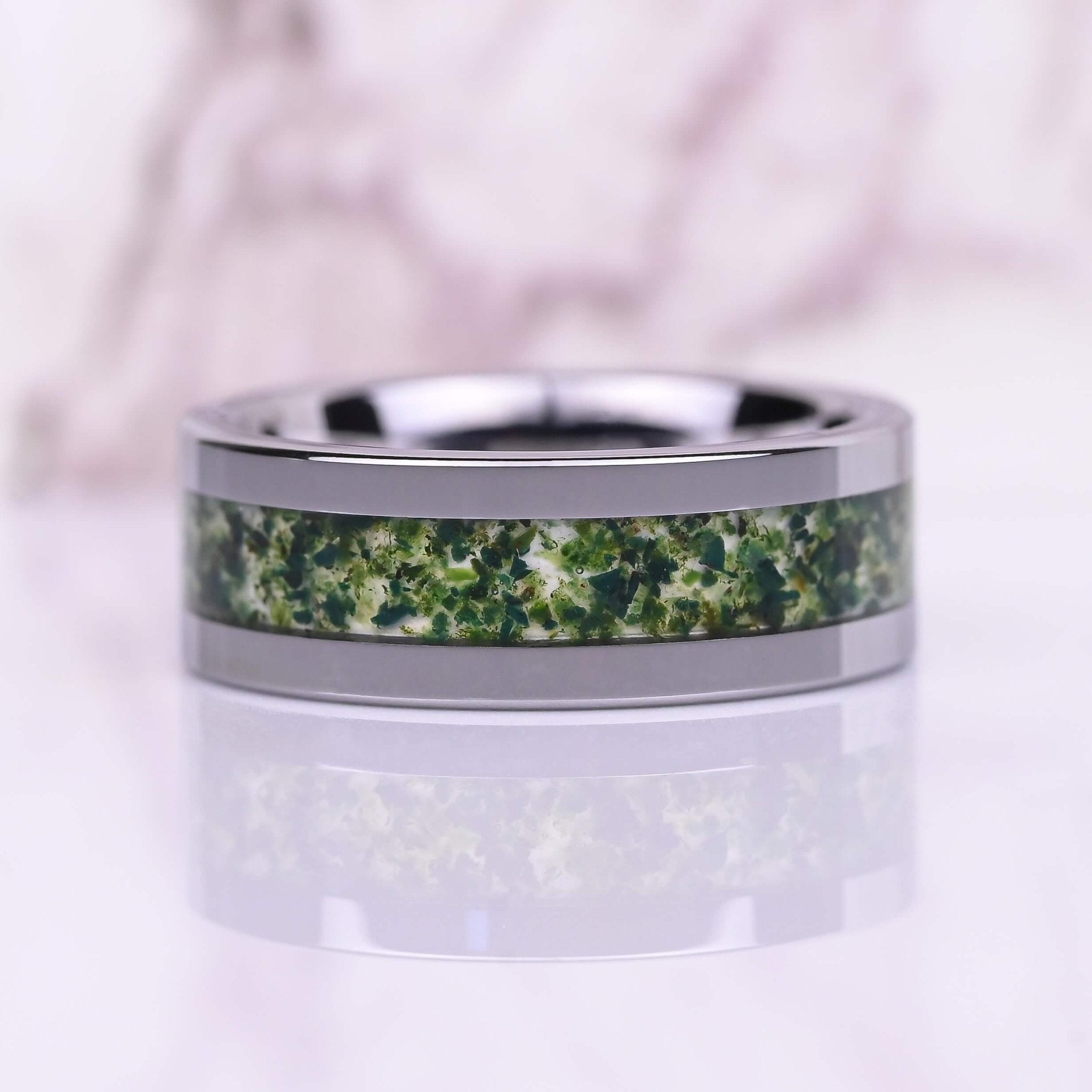 The Agate - Mens Wedding Band - Silver Moss Agate Tungsten Ring - Green Moss Agate Inlay