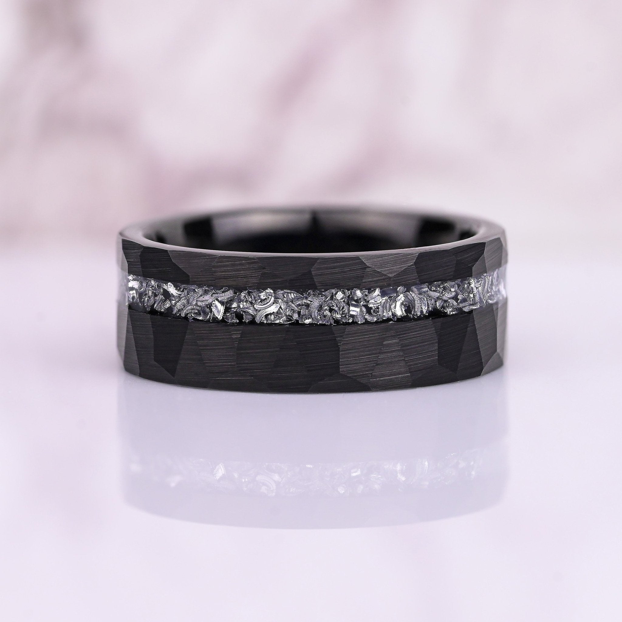 The Blacksmith - Mens Wedding Band - Black Hammered Tungsten Ring - Meteorite Inlay | Monetto Bands