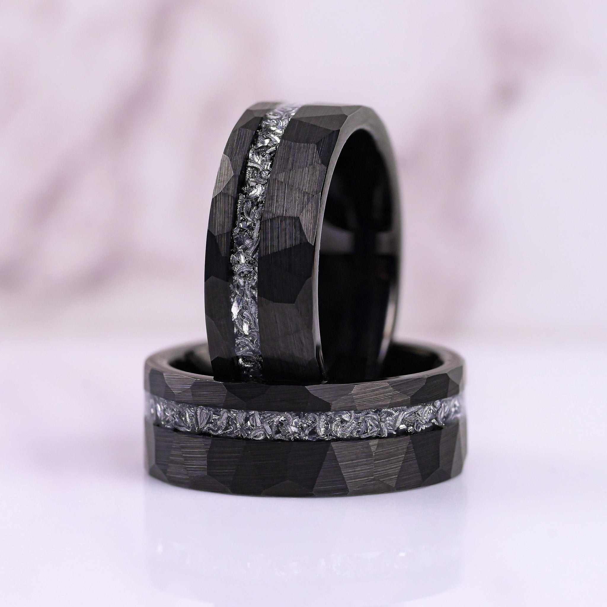 The Blacksmith - Mens Wedding Band - Black Hammered Tungsten Ring - Meteorite Inlay | Monetto Bands