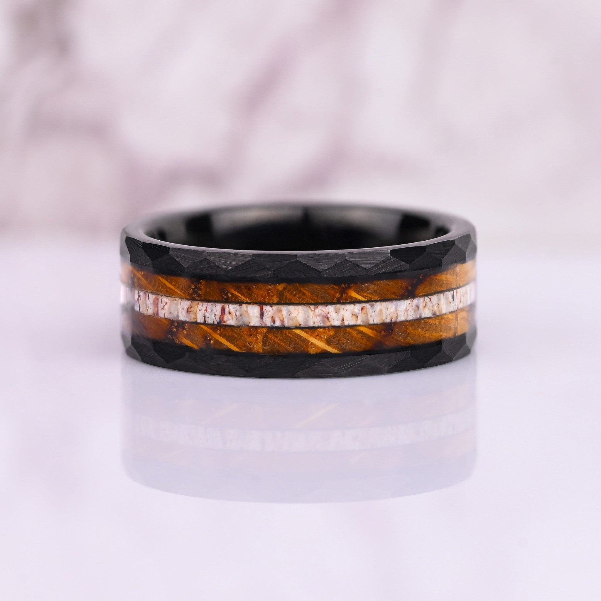 The Craftsmen - Mens Wedding Band - Black Hammered Tungsten Ring - Barell Wood & Deer Antler Inlay | Monetto Bands