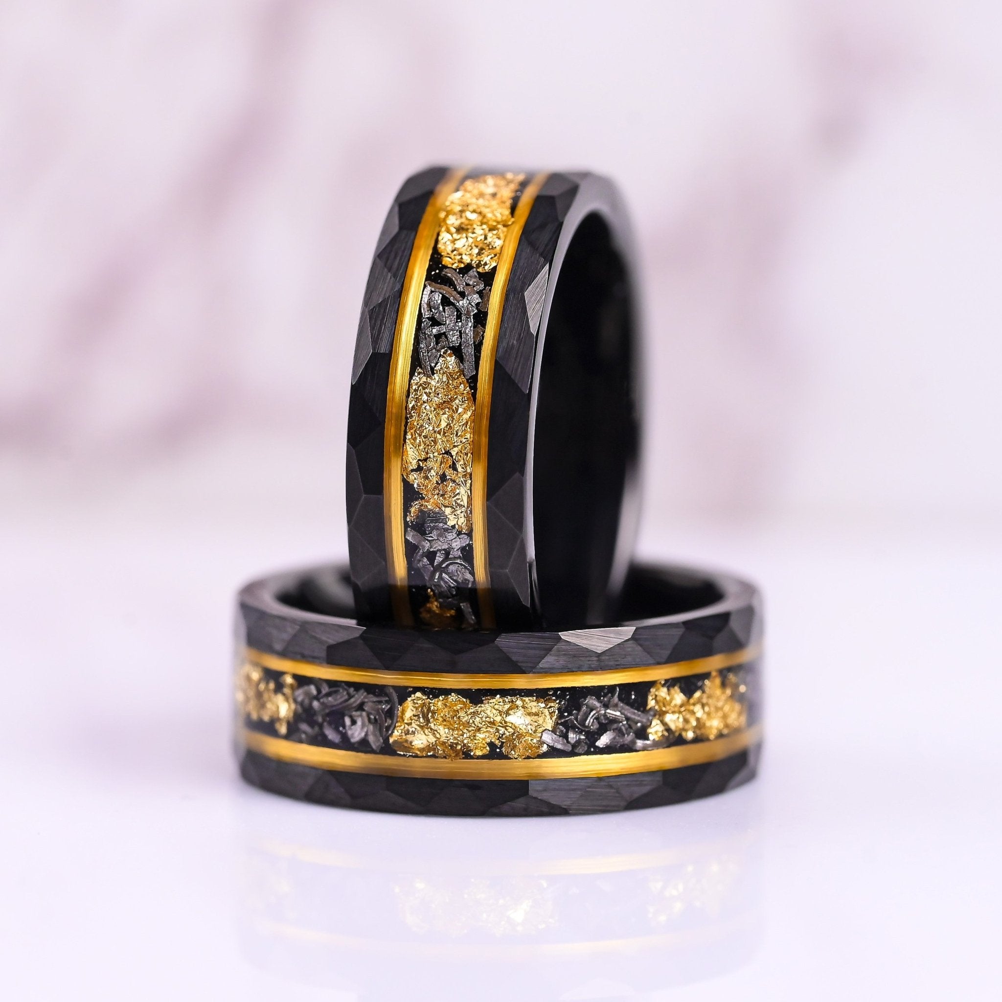 The Gentleman - Mens Wedding Band - Black Hammered Tungsten Ring - 24K Gold Leaf & Meteorite Inlay