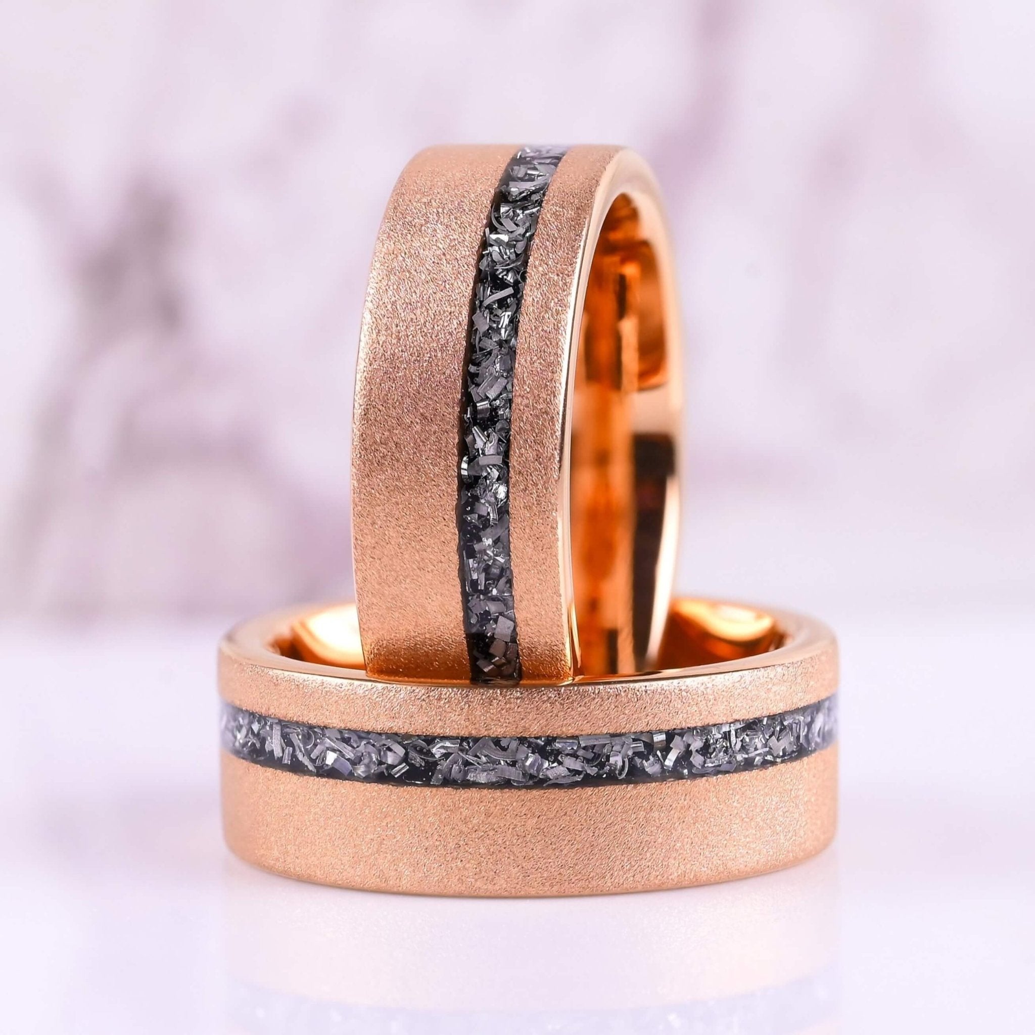 The Ignis - Mens Wedding Band - Rose Gold Sandblasted Tungsten Ring -  Silver Meteorite Inlay