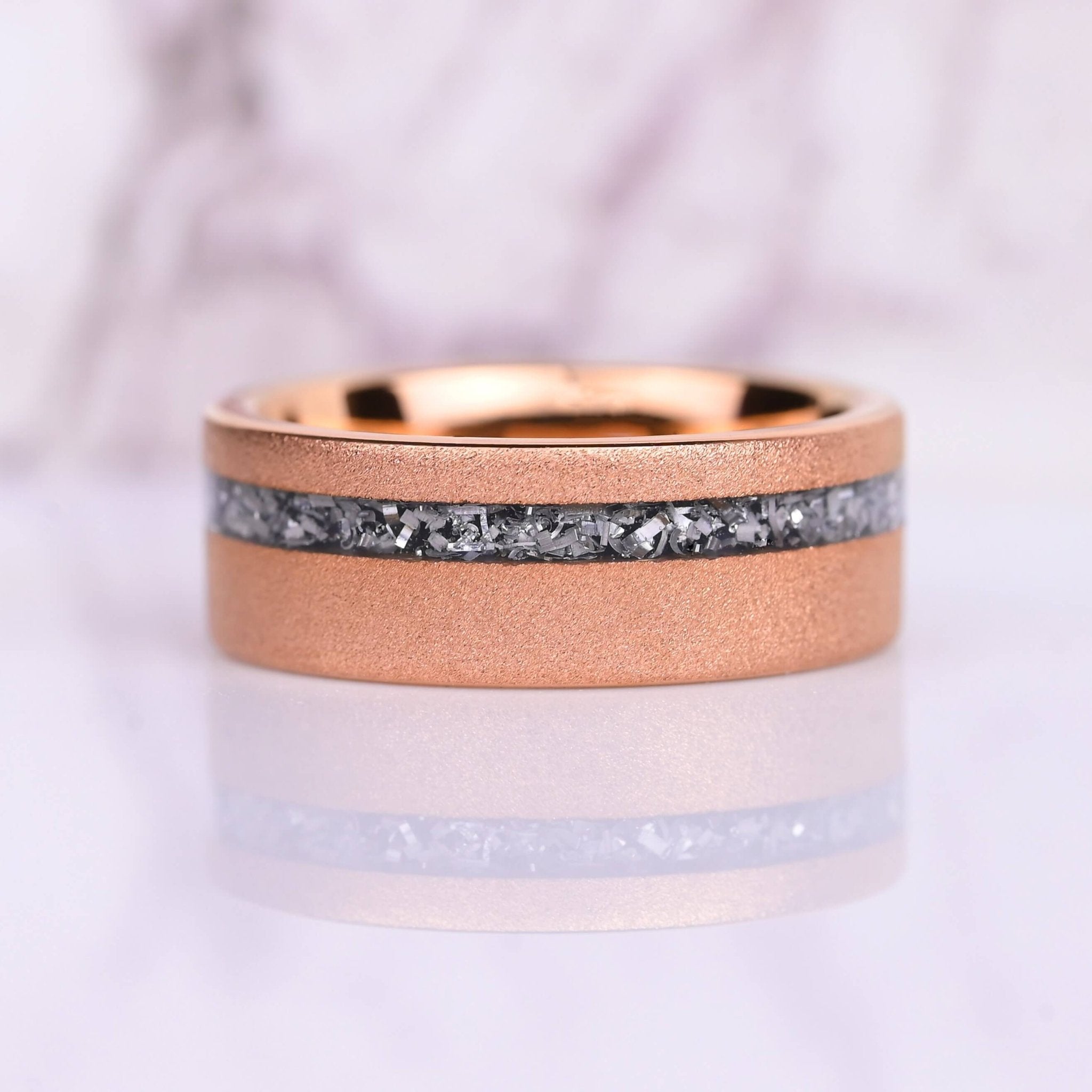 The Ignis - Mens Wedding Band - Rose Gold Sandblasted Tungsten Ring -  Silver Meteorite Inlay