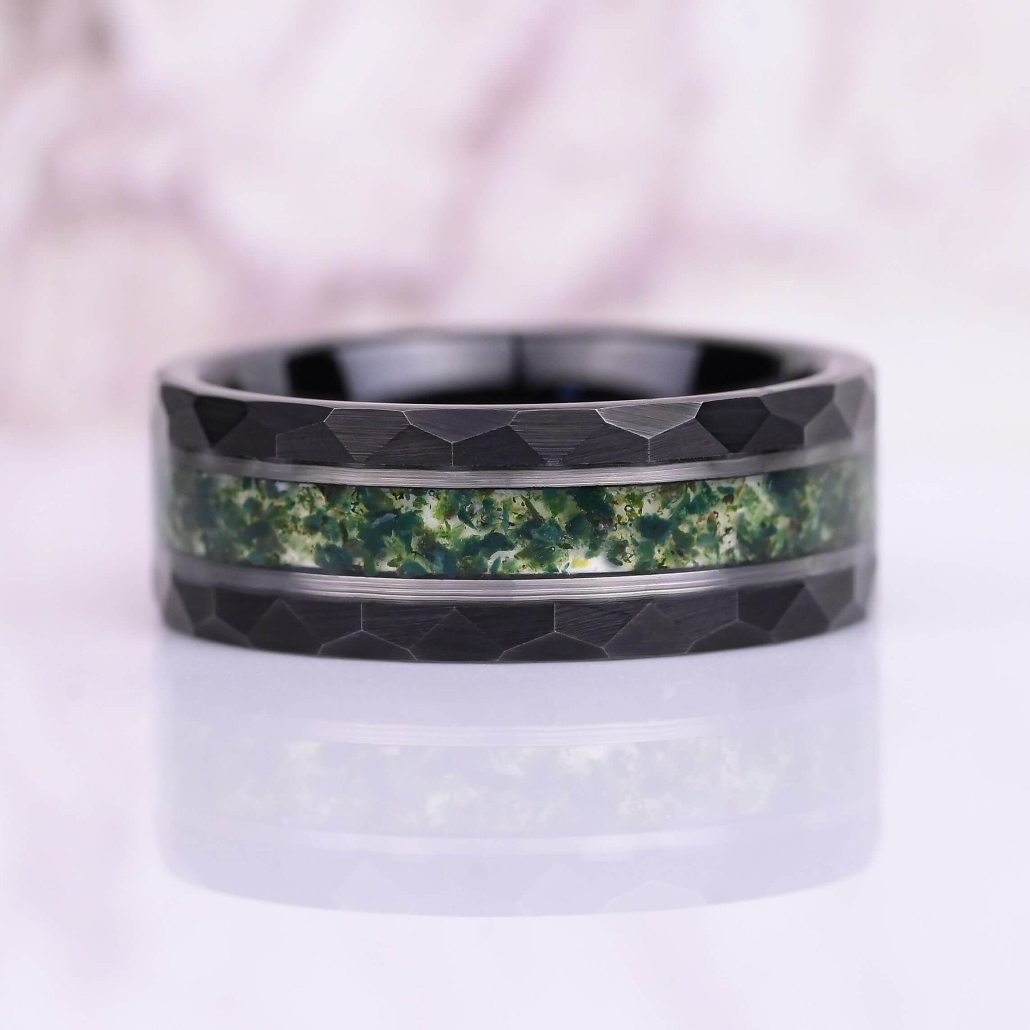 The Oasis - Mens Wedding Band - Black Hammered Moss Agate Tungsten Ring - Green Moss Agate Inlay