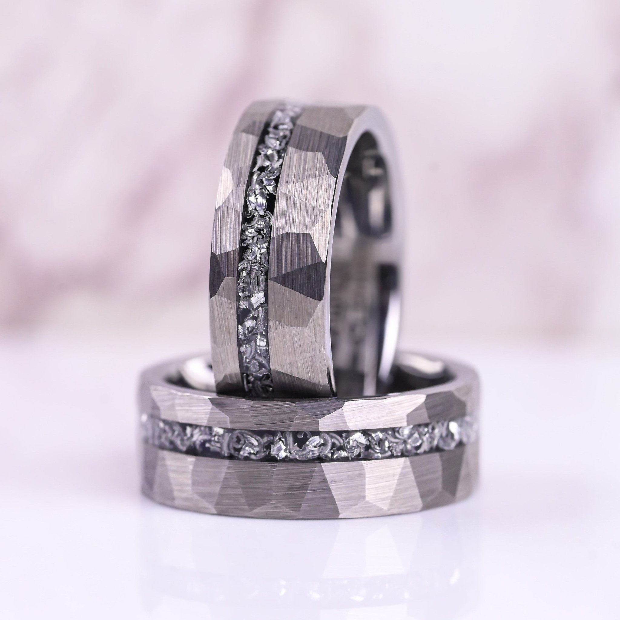 The Silversmith - Mens Wedding Band - Silver Hammered Tungsten Ring - Meteorite Inlay