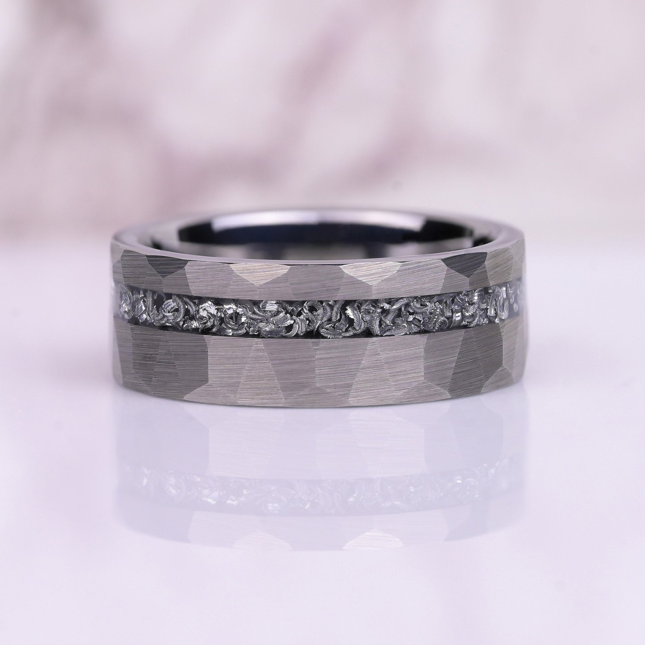The Silversmith - Mens Wedding Band - Silver Hammered Tungsten Ring - Meteorite Inlay